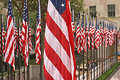 Drapeaux américains bien alignés sur la Rockefeller Plaza.